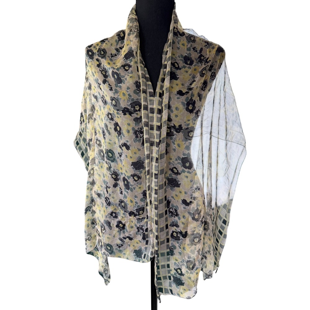 100% Silk Scarf Floral Plaid Mixed Print Sheer Yellow Grey Black Made in France